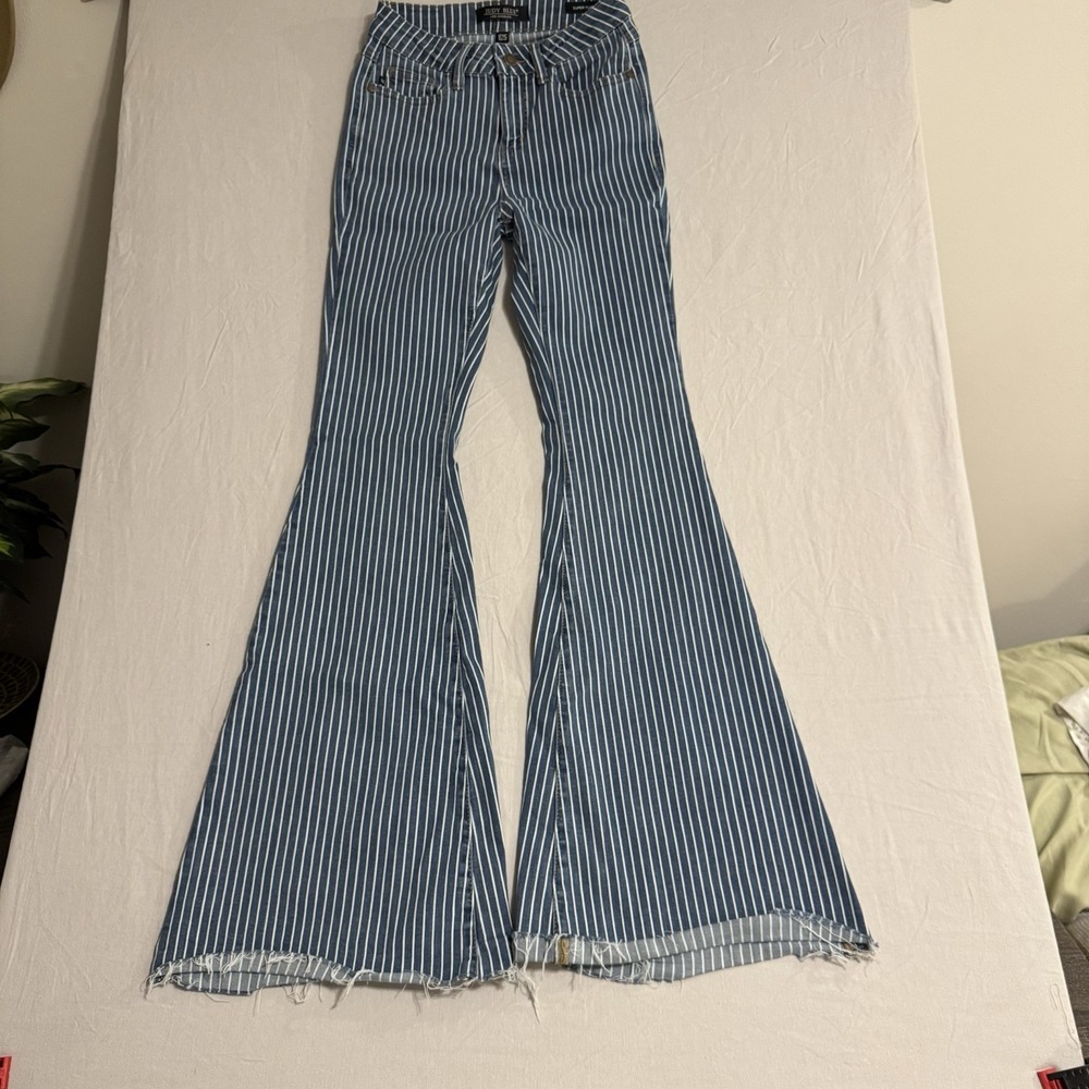 Judy Blue Jeans Womens 1/25 Blue Denim Super Flare Bell Bottom Striped Wide Leg